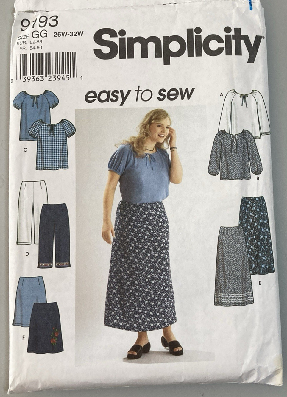 Vtg Y2K Simplicity 9193 Boho Tops Skirt Capris Pant Pattern Womens 26W-32W UNCUT